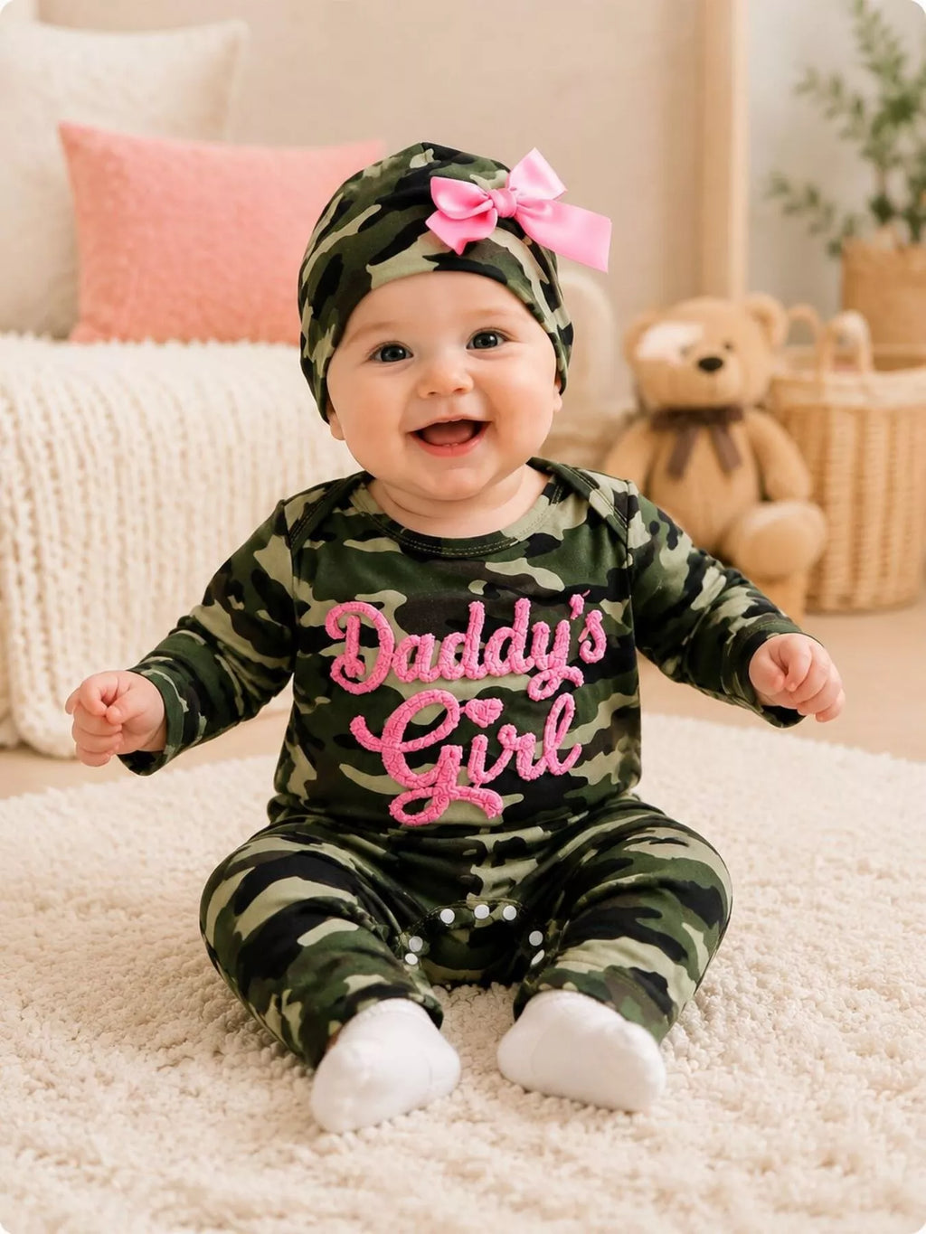 Children’s camouflage long-sleeve jumpsuit with pink Daddy’s Girl lettering and matching hat worn by a child