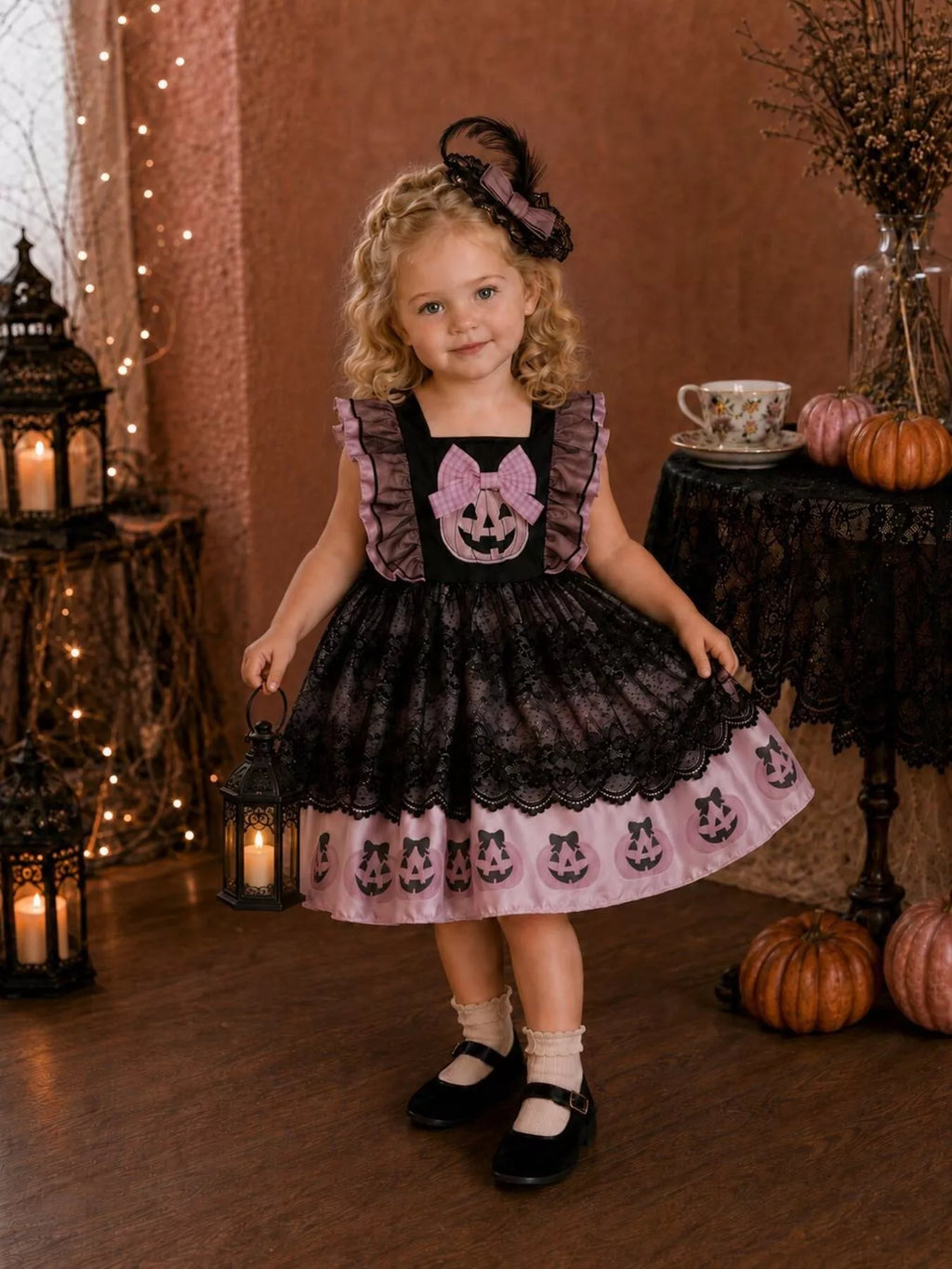 Front view of the child's black-and-pink pumpkin Halloween dress.