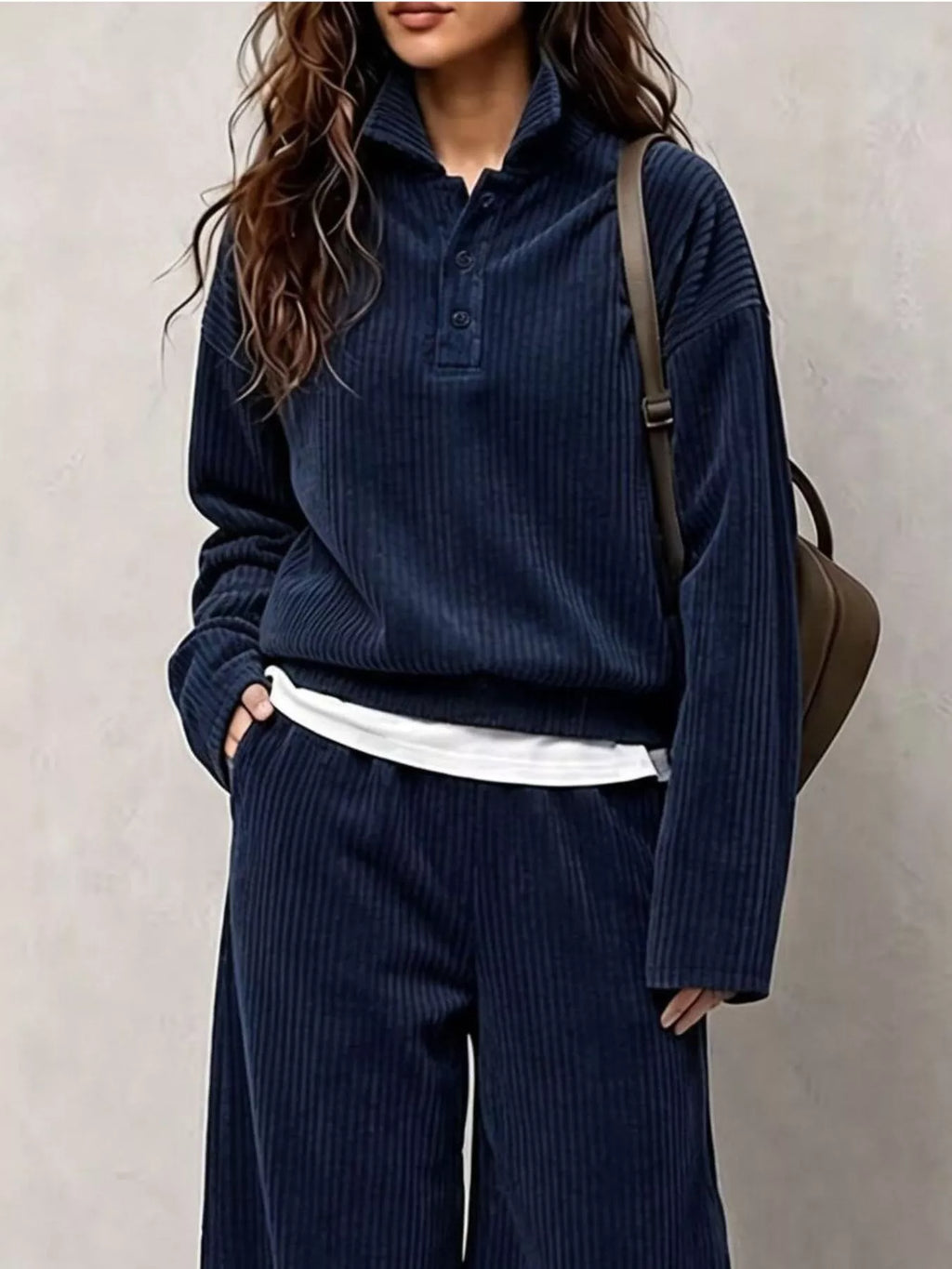 Navy corduroy Button Detail Top and Wide-Leg Pants Set