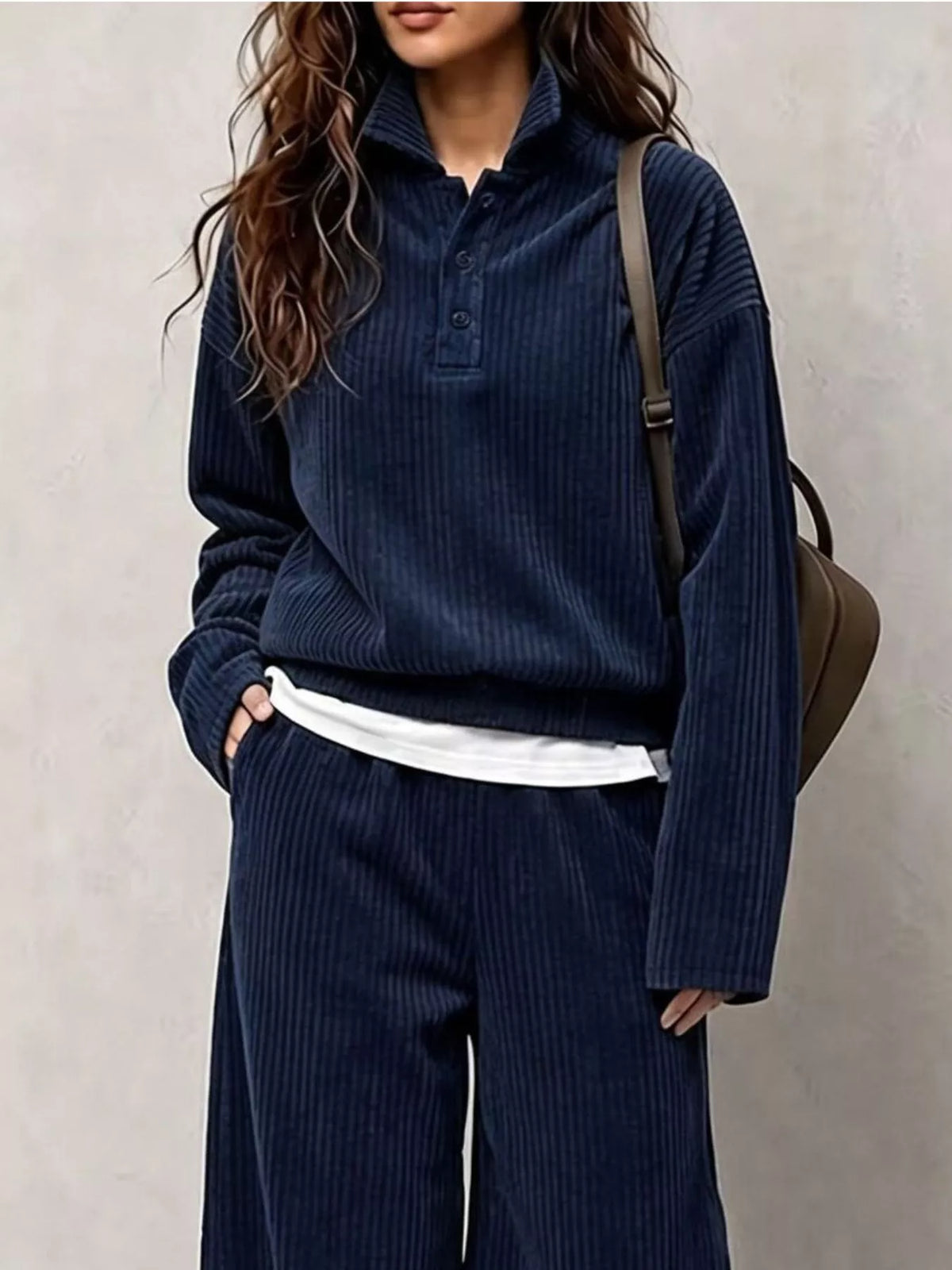 Navy corduroy Button Detail Top and Wide-Leg Pants Set