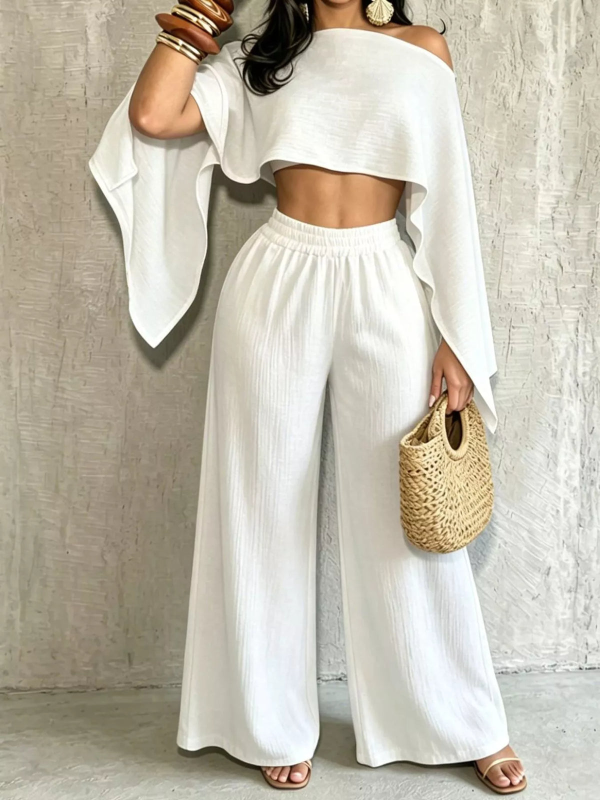 White boat Neck Crop Top and Wide-Leg Pants Set