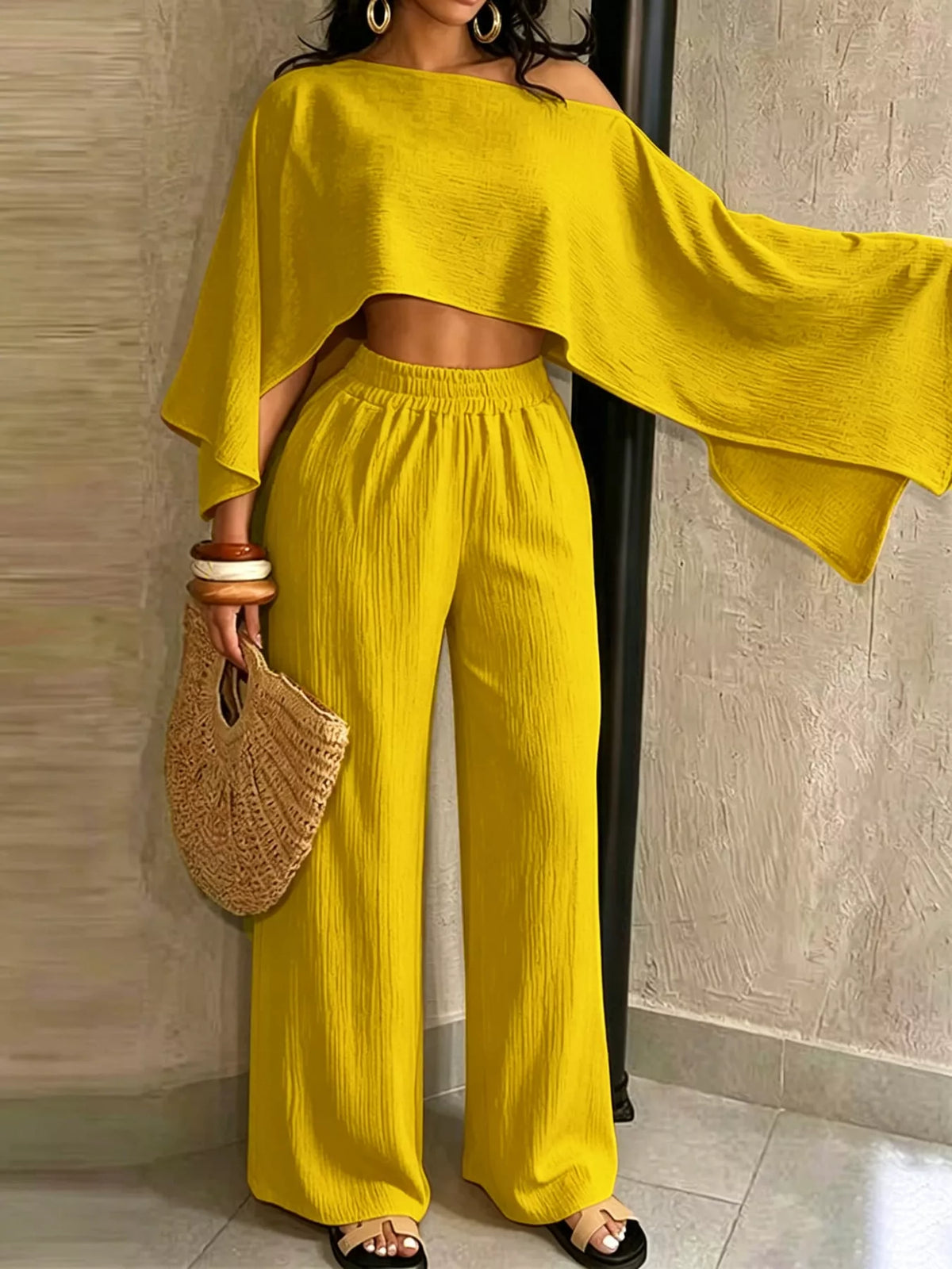 Yellow boat Neck Crop Top and Wide-Leg Pants Set