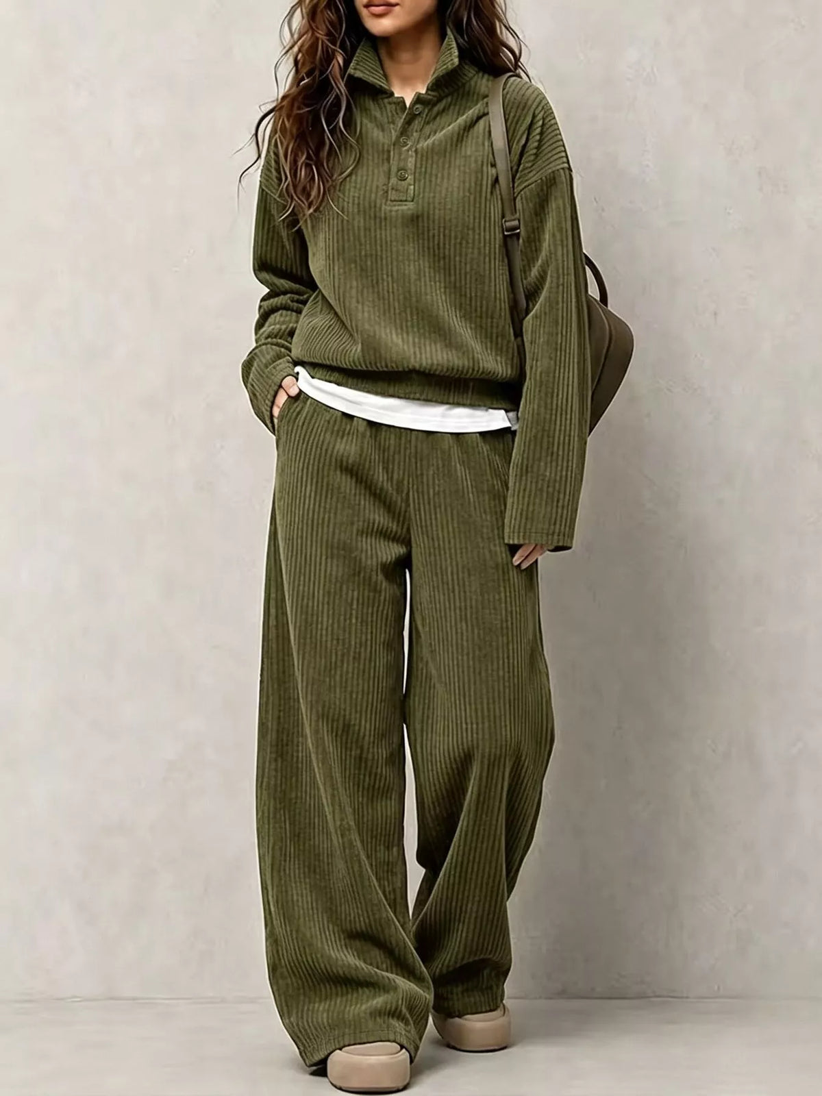 Olive green corduroy Button Detail Top and Wide-Leg Pants Set