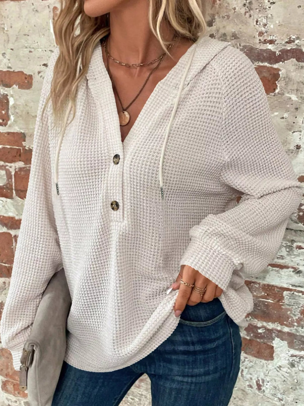 White waffle Knit Button Detail Hoodie