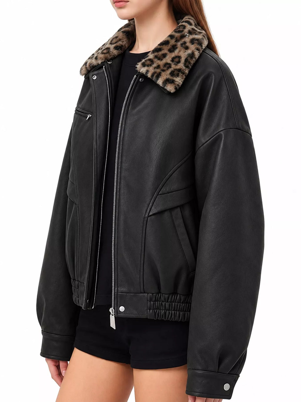 Black leopard-collar jacket worn open.