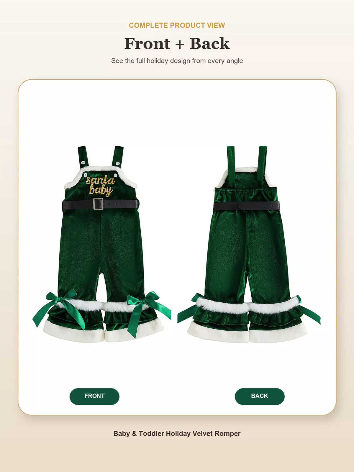 Front and back views of green Santa Baby overalls with green bows and white leg trim.