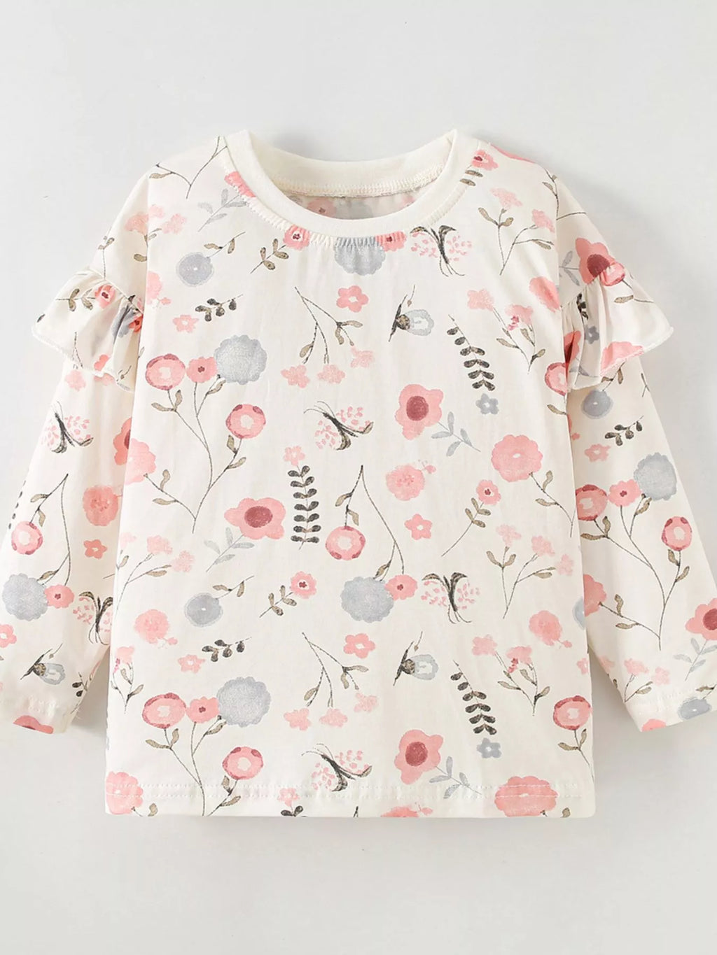 Cream floral-print sweatshirt with ruffle sleeves displayed flat