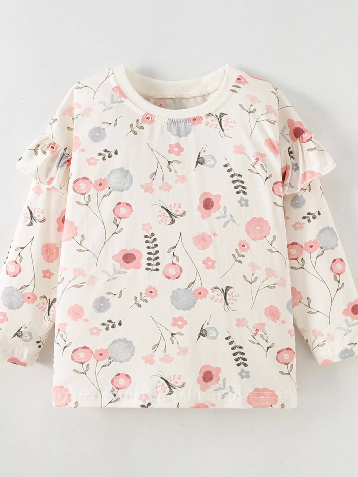 Cream floral-print sweatshirt with ruffle sleeves displayed flat
