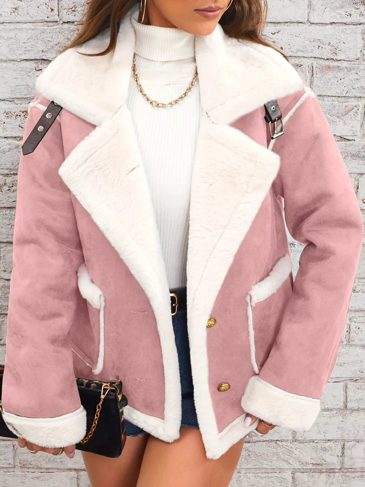 Pink jacket with wide white plush lapels, contrast trim and front pockets, front view.
