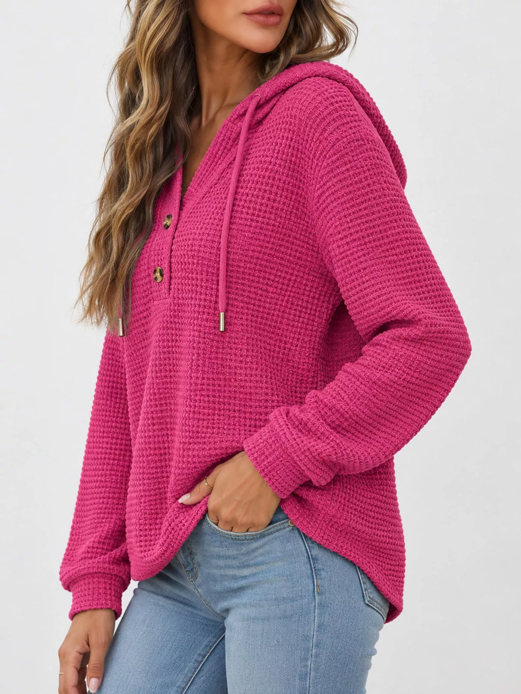 Hot pink waffle Knit Button Detail Hoodie
