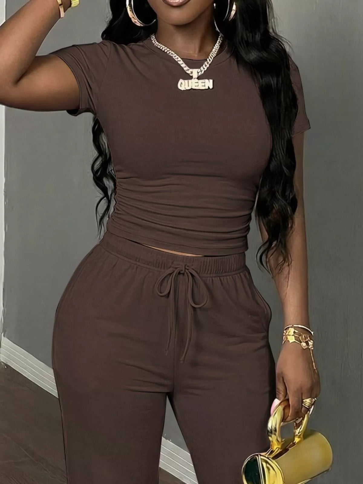 Brown short Sleeve Top and Wide Leg Pants Set — detail view