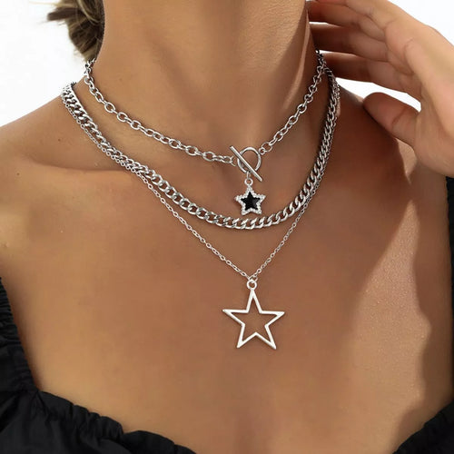 Three layered silver-tone necklaces with star pendants