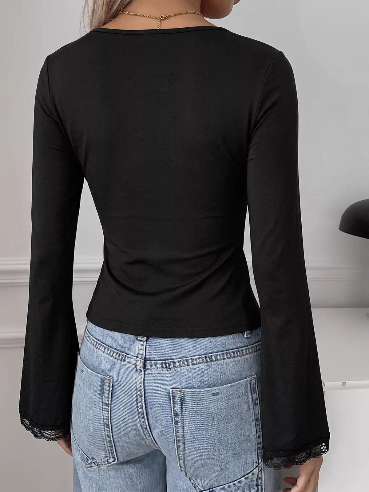 Black lace Trim V-Neck Long Sleeve Slim Fit Top — back view