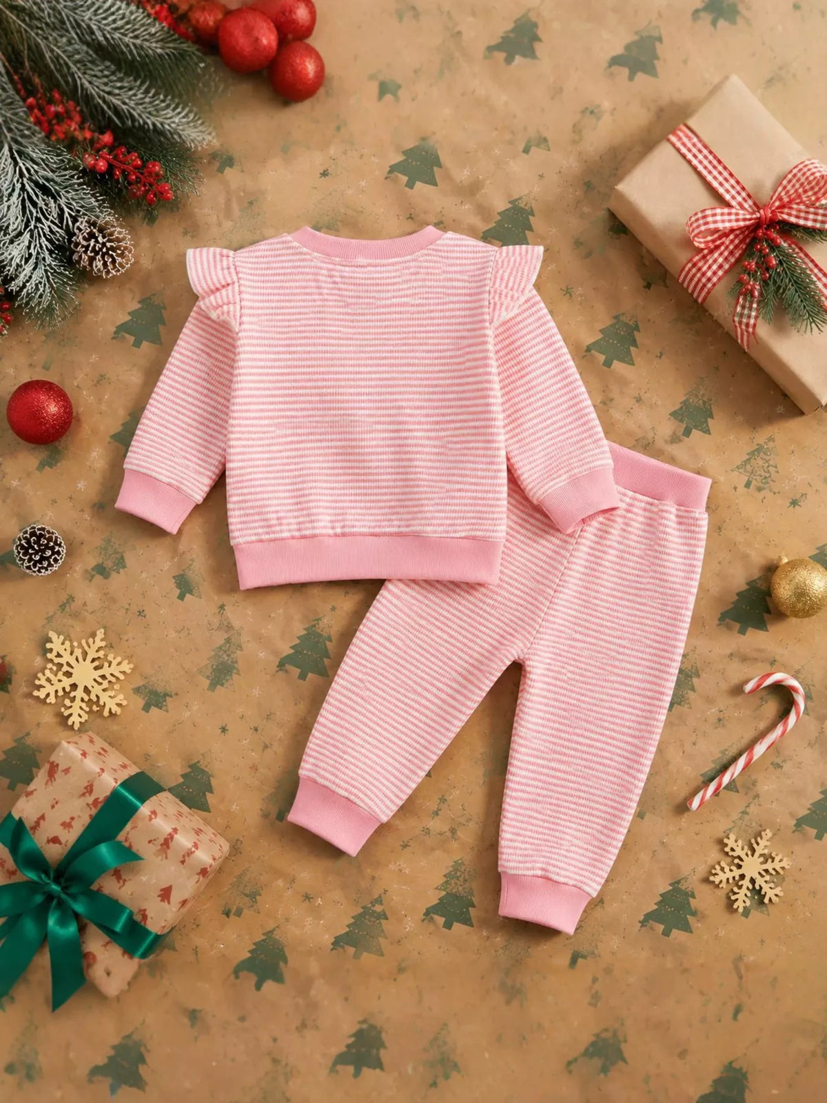 Back of the pink striped Christmas pajama top and matching pants