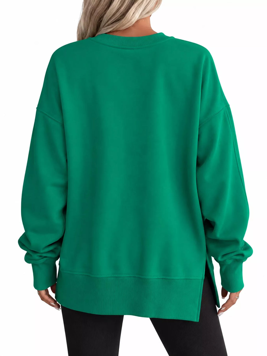 Green oversized Crew Neck Sweatshirt with Side Slit — back view