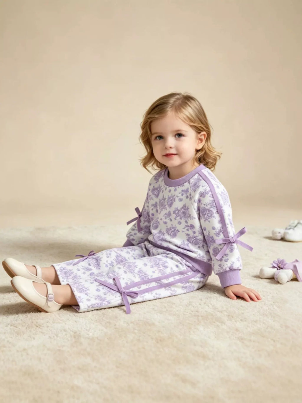 Purple floral-print long-sleeve lounge top and matching pants worn by a child