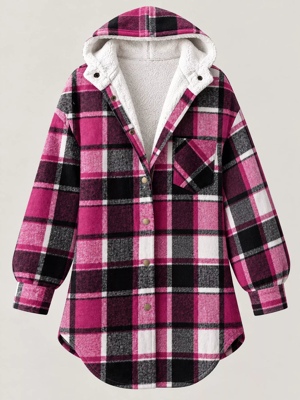 Pink plaid hooded jacket displayed flat with plush lining visible.