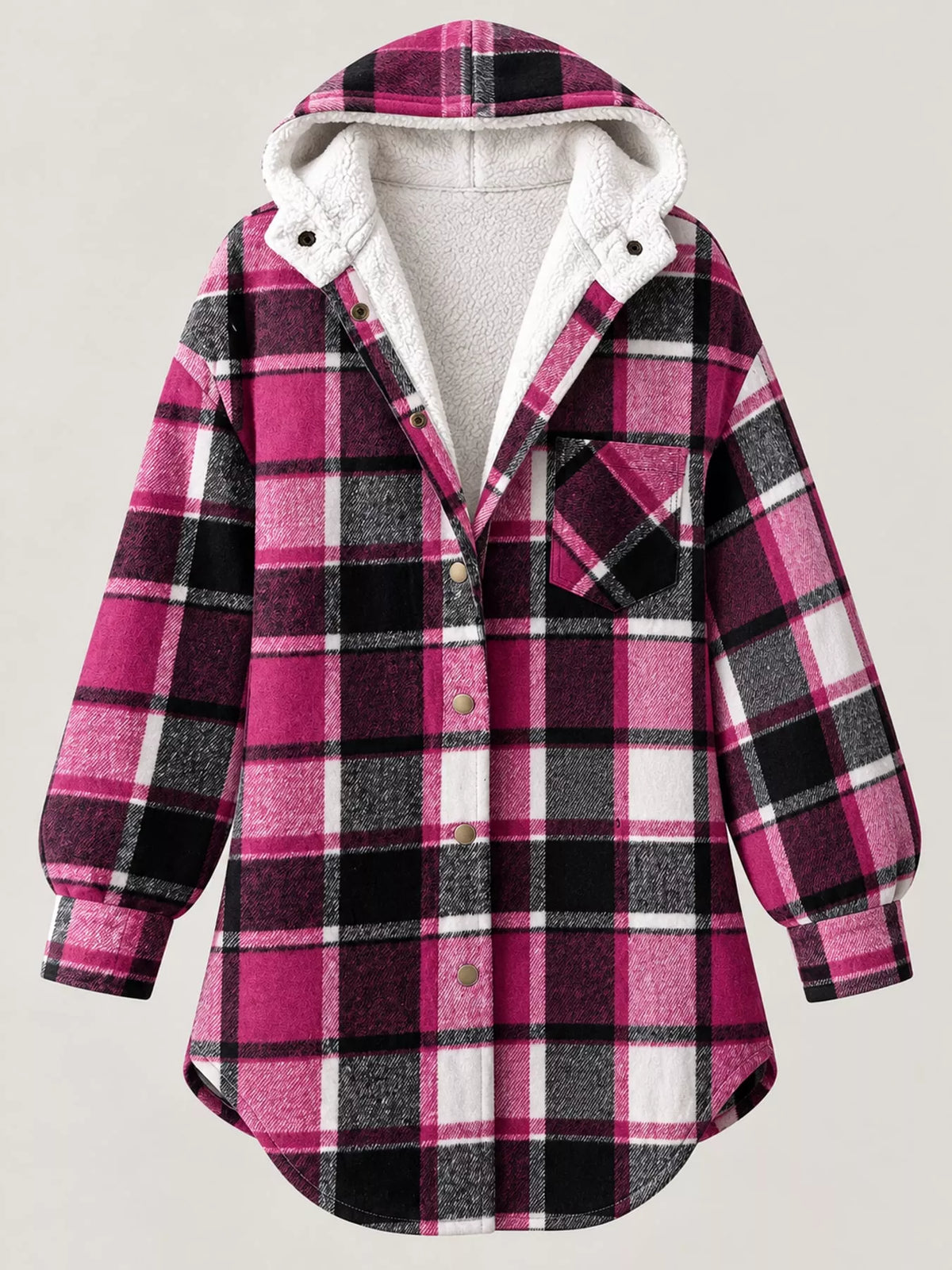 Pink plaid hooded jacket displayed flat with plush lining visible.
