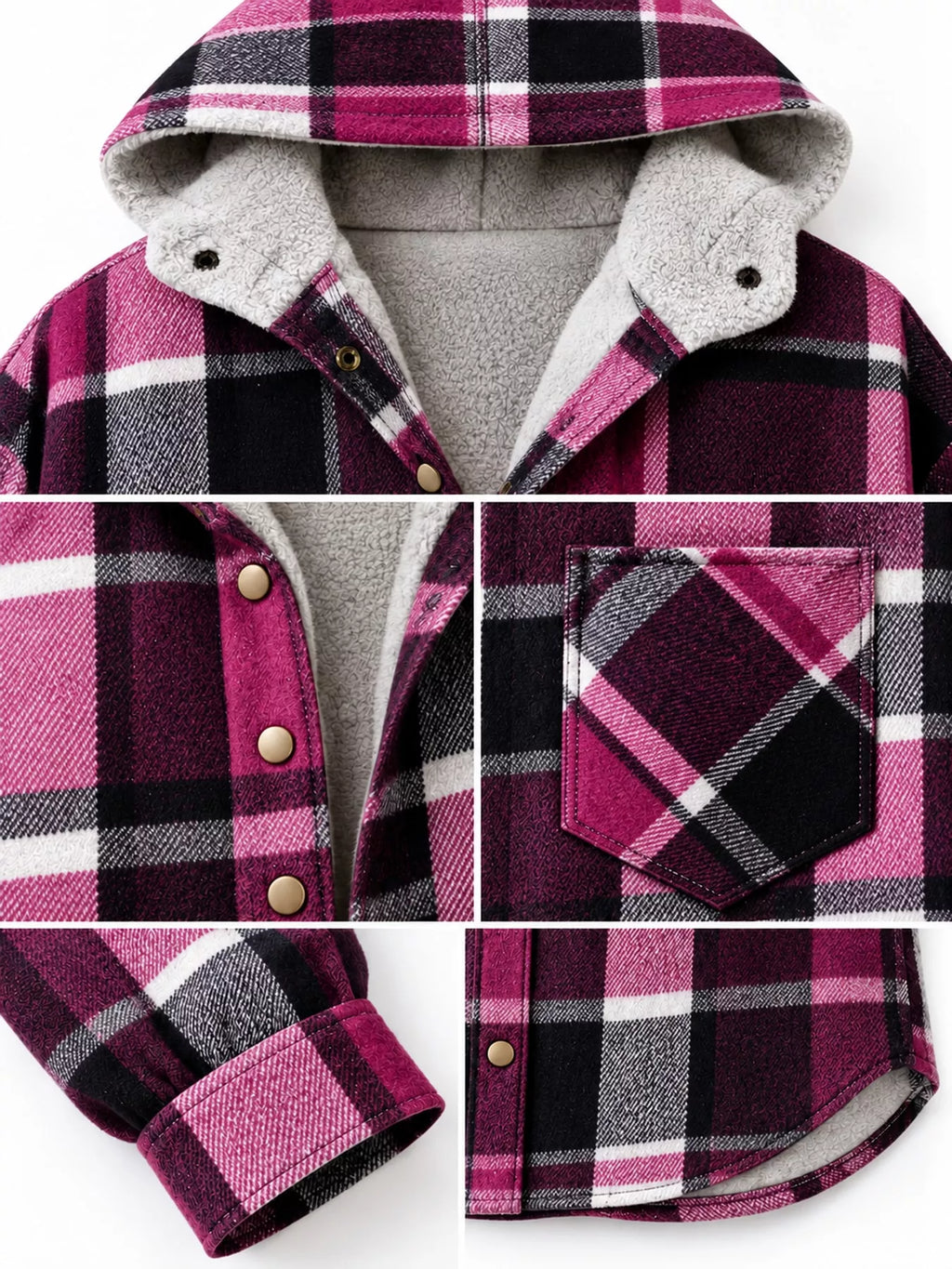 Collage of the pink plaid jacket's hood, lining, buttons, pocket and cuff.