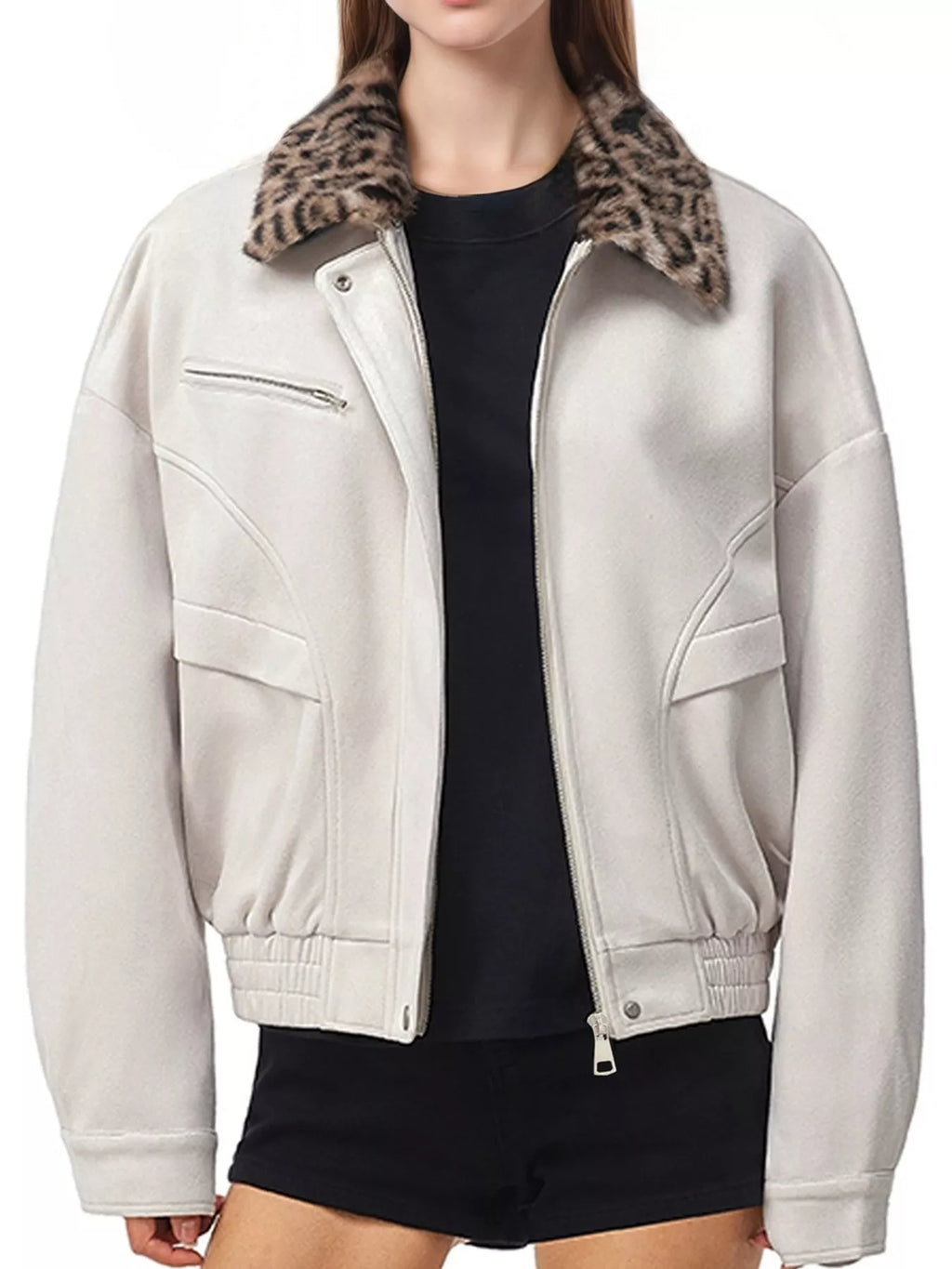 Apricot leopard-collar jacket worn open.