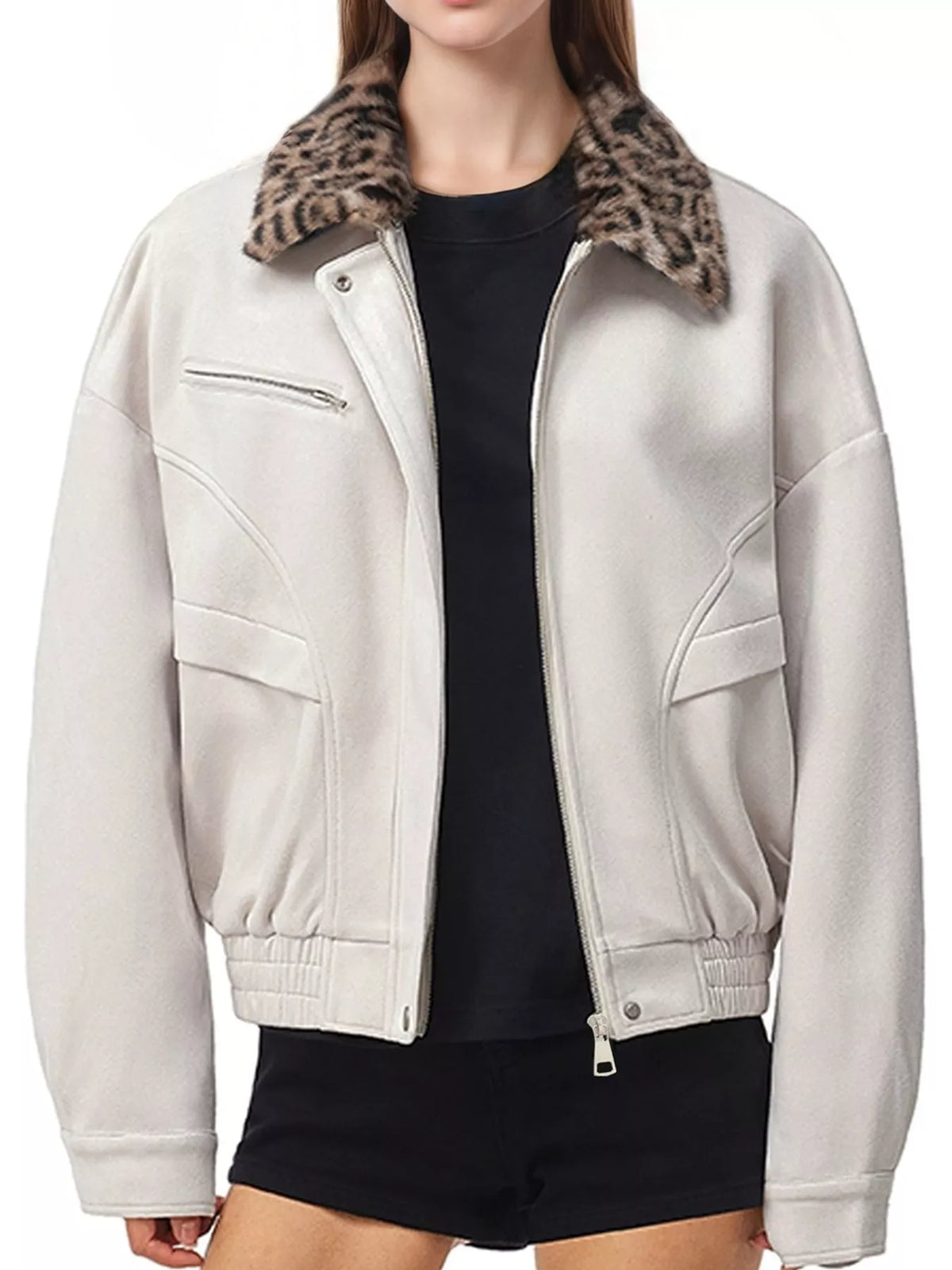 Apricot leopard-collar jacket worn open.