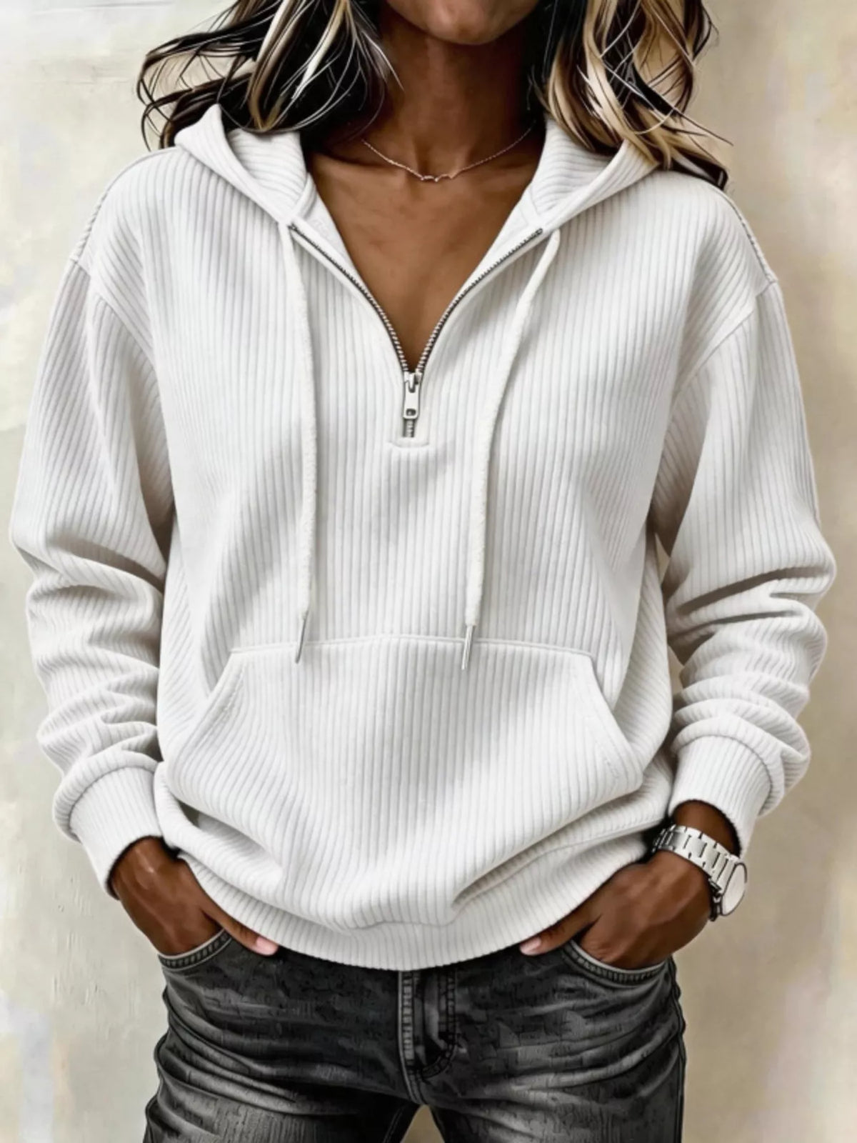 White ribbed Knit Quarter-Zip Hoodie