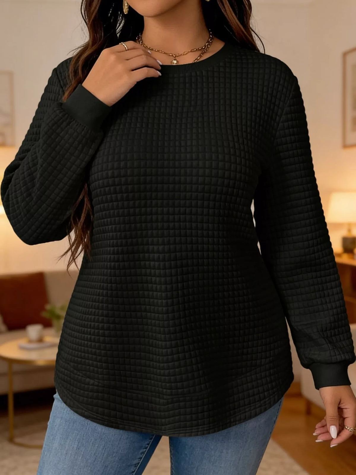 Black textured Waffle Knit Crew Neck Sweatshirt