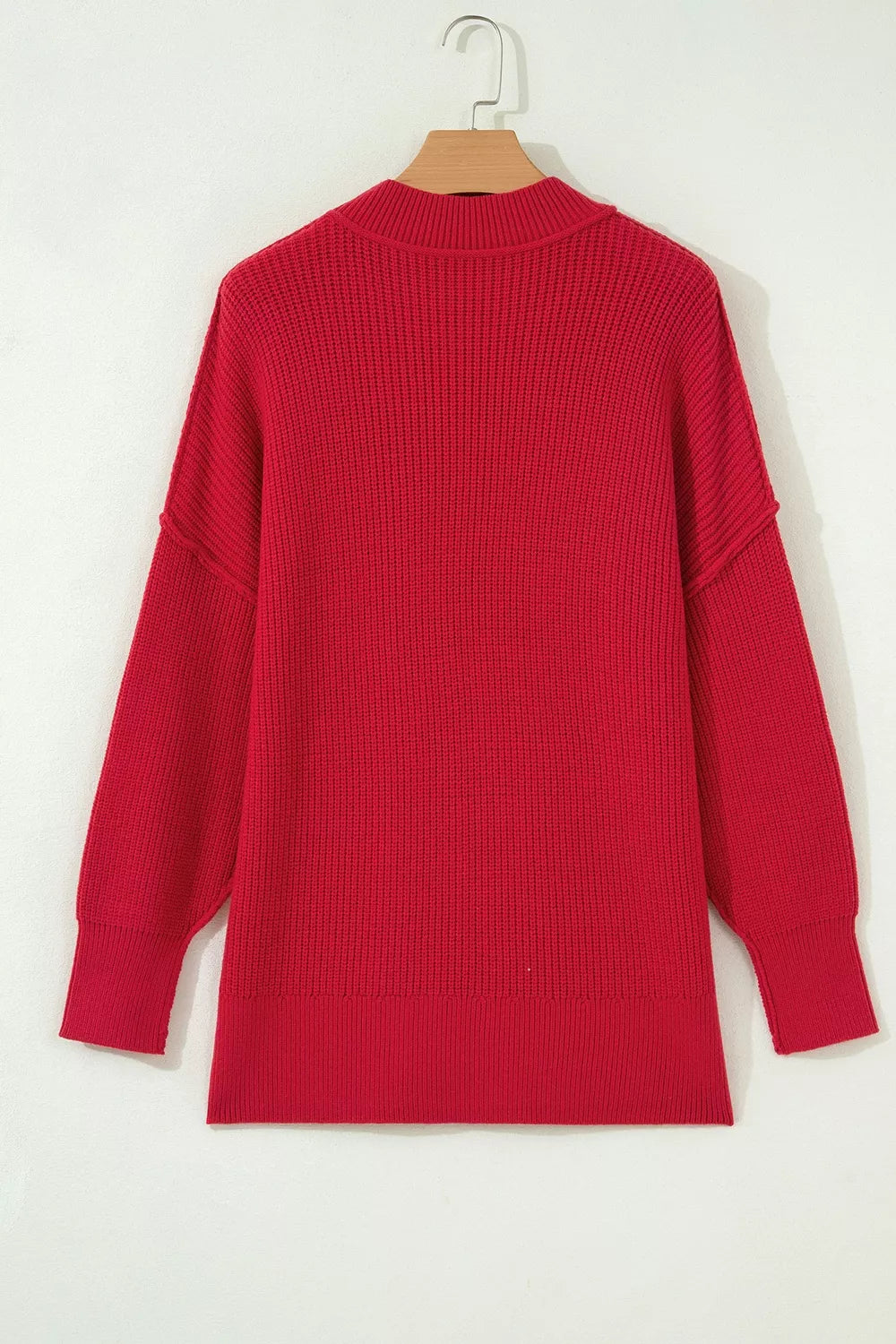 Red long Sleeve Ribbed Knit Stand Neck Sweater — back view