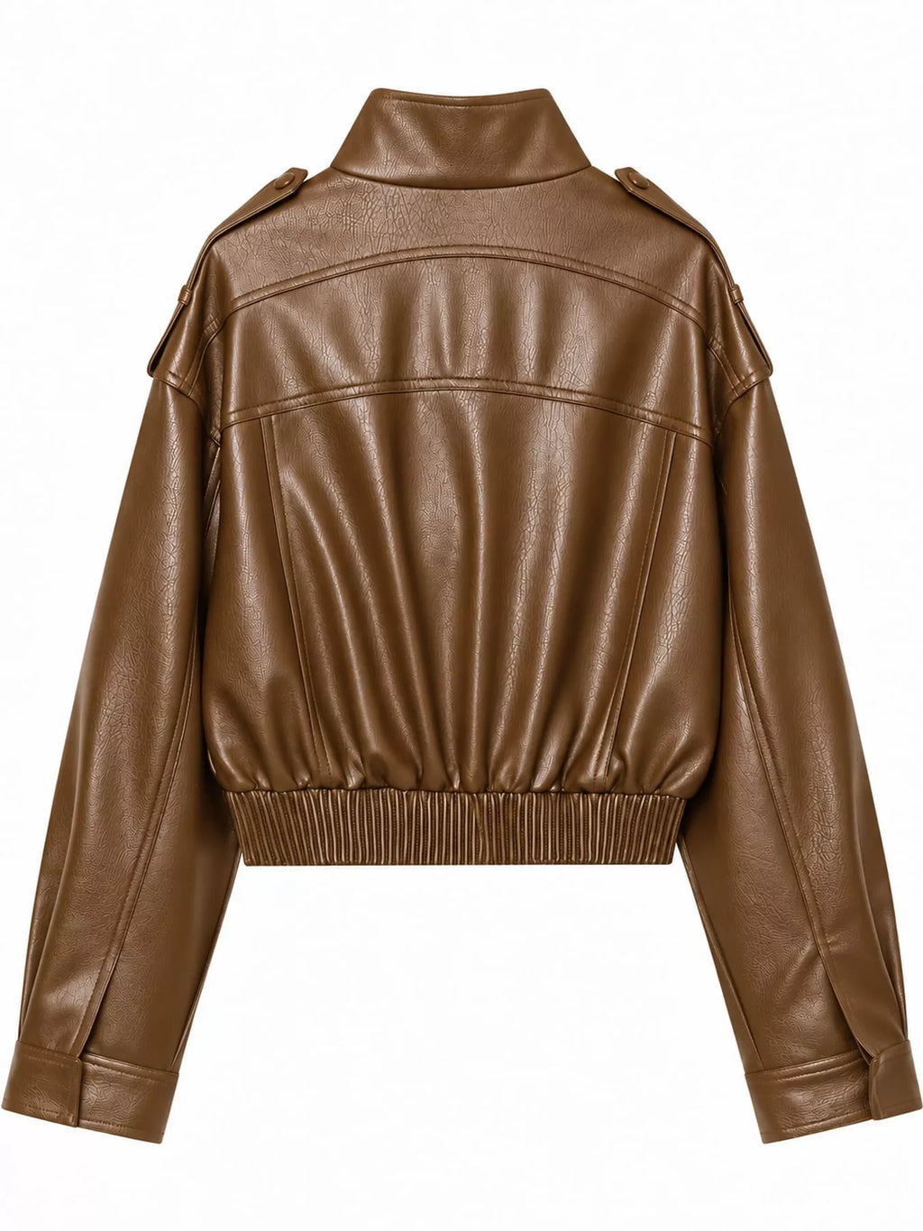 Back view of the camel faux-leather bomber jacket.