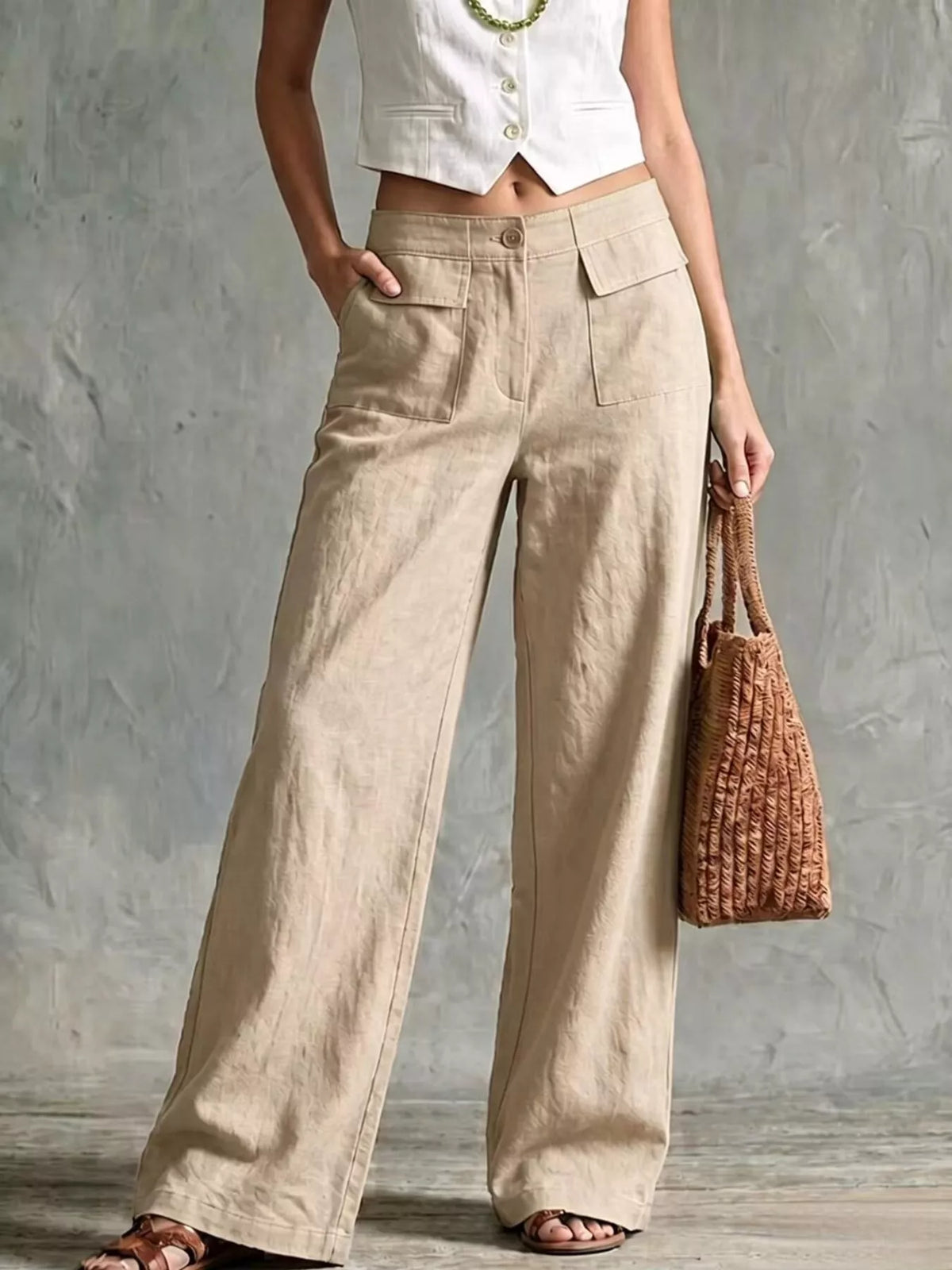 Beige high-Waisted Wide-Leg Cargo Pants