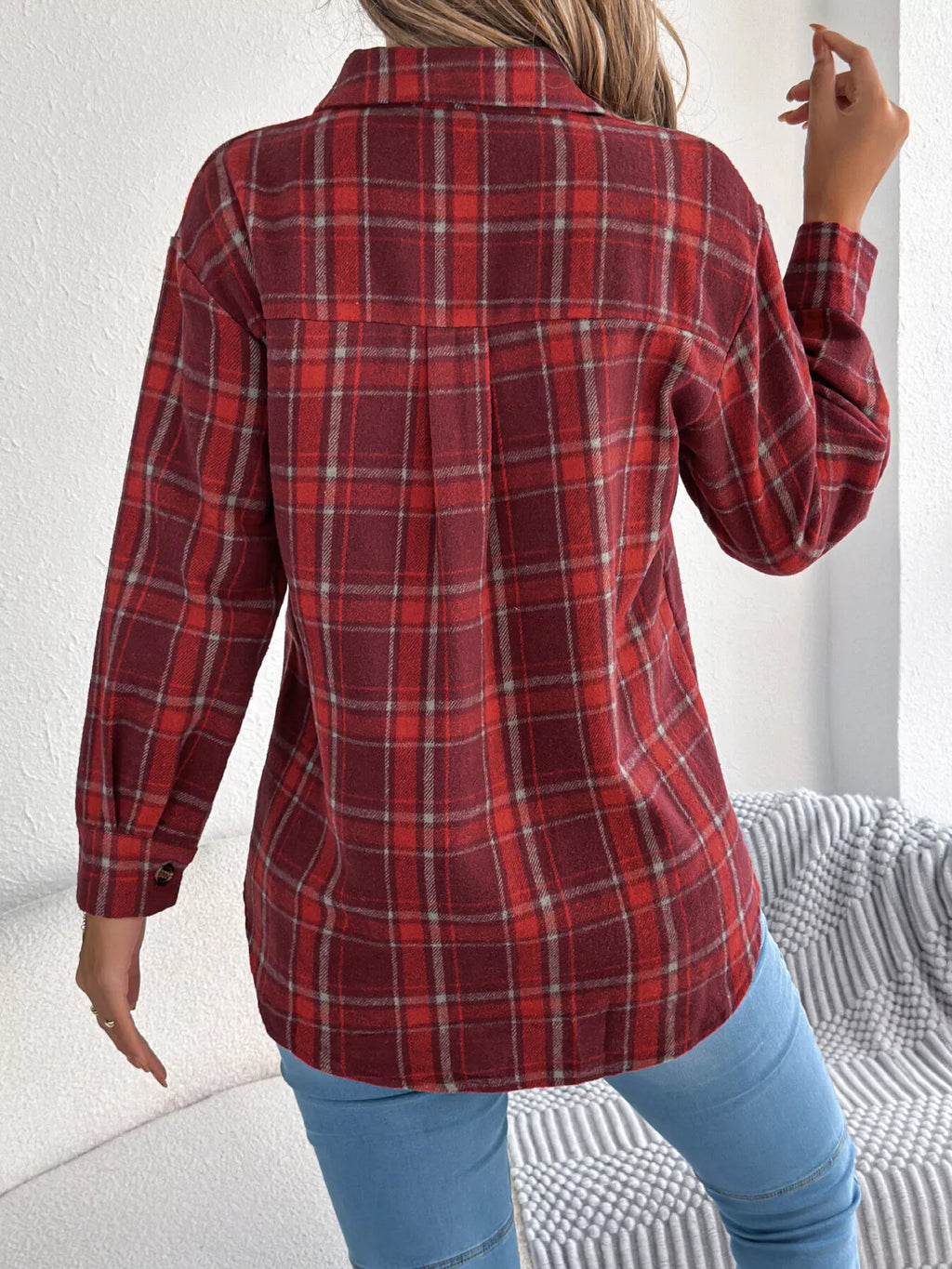 Red plaid button-down shacket with chest pockets, back view.