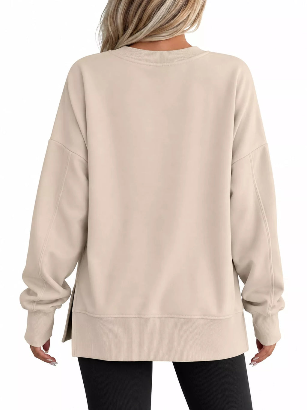 Beige oversized Crew Neck Sweatshirt with Side Slit — back view