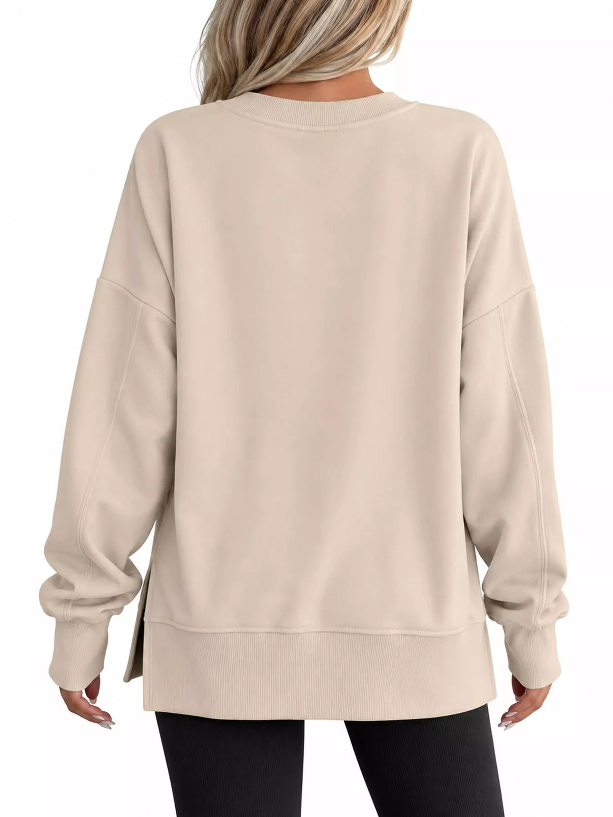 Beige oversized Crew Neck Sweatshirt with Side Slit — back view