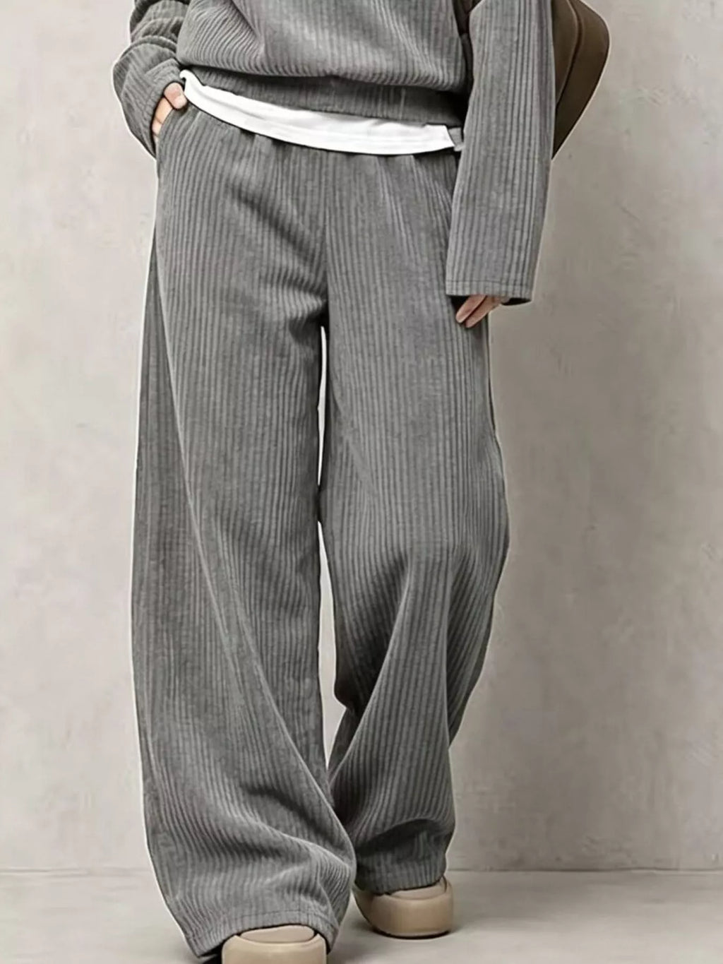 Gray corduroy Button Detail Top and Wide-Leg Pants Set — detail view
