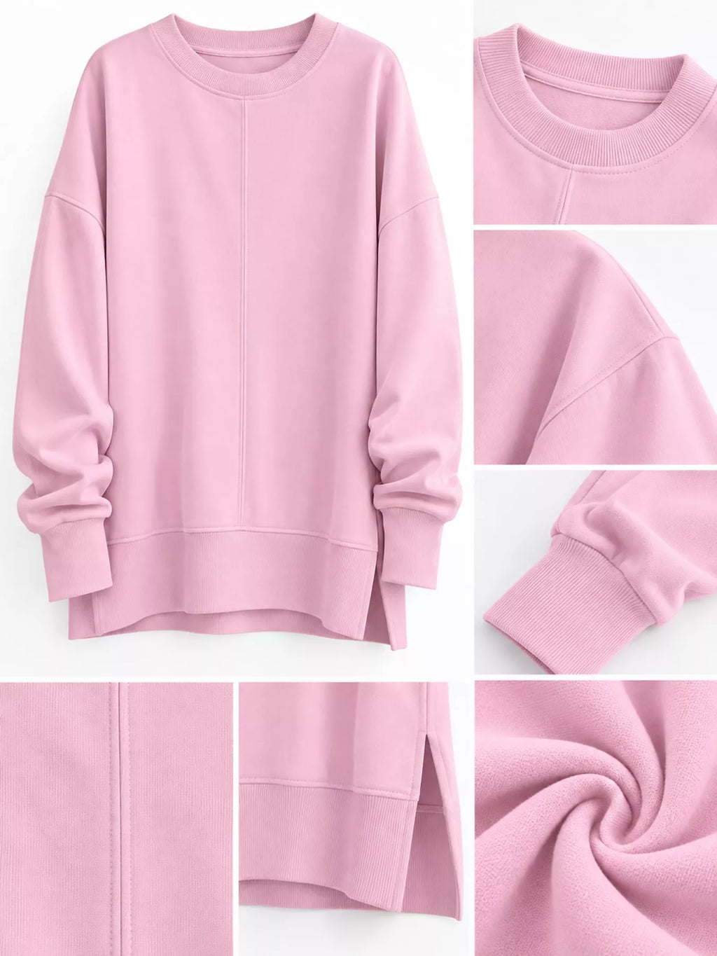 Pink oversized Crew Neck Sweatshirt with Side Slit — detail view