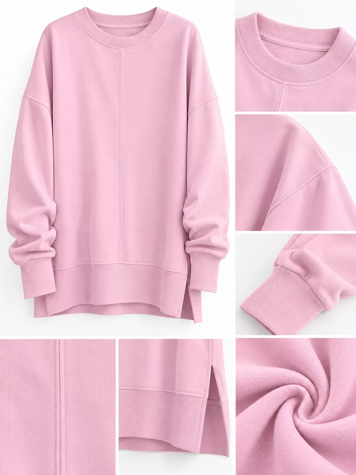 Pink oversized Crew Neck Sweatshirt with Side Slit — detail view