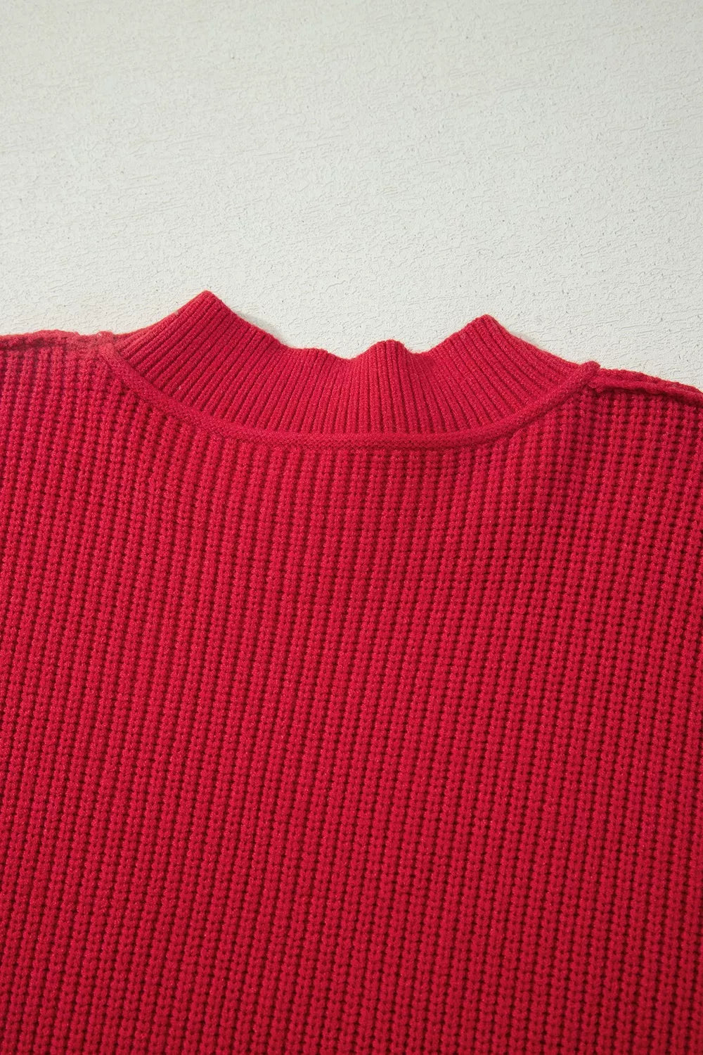 Red long Sleeve Ribbed Knit Stand Neck Sweater — detail view