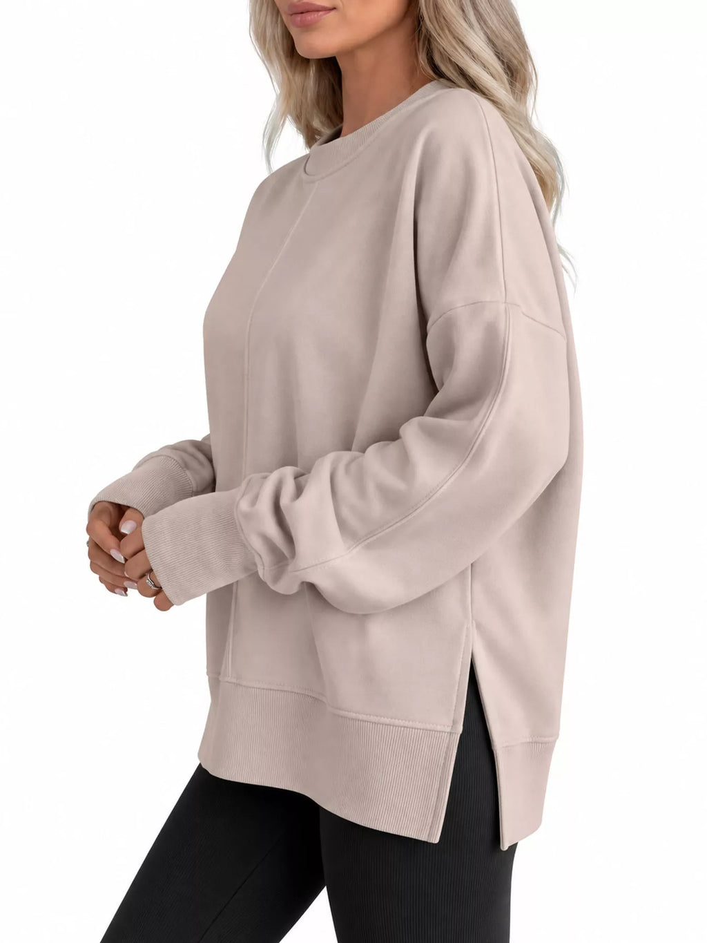 Taupe oversized Crew Neck Sweatshirt with Side Slit
