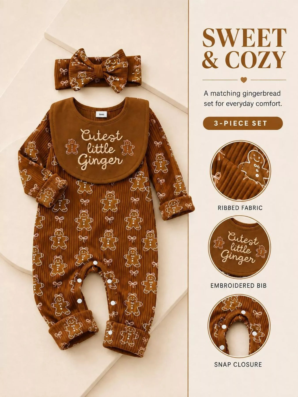 Brown gingerbread-print baby romper, bib and bow headband with inset detail views.