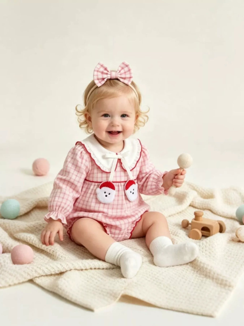 Children’s pink gingham long-sleeve bodysuit with a white collar and matching bow headband worn by a child