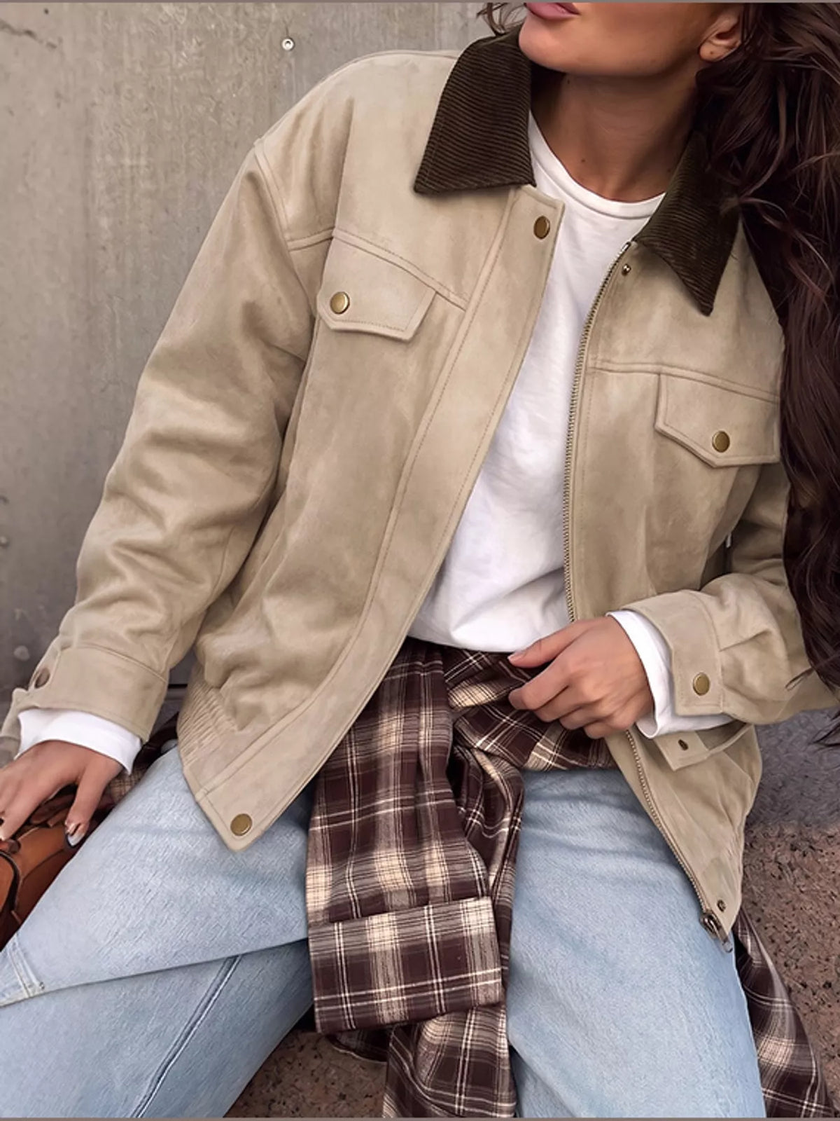 Apricot jacket with a brown contrast collar, modeled from the front.