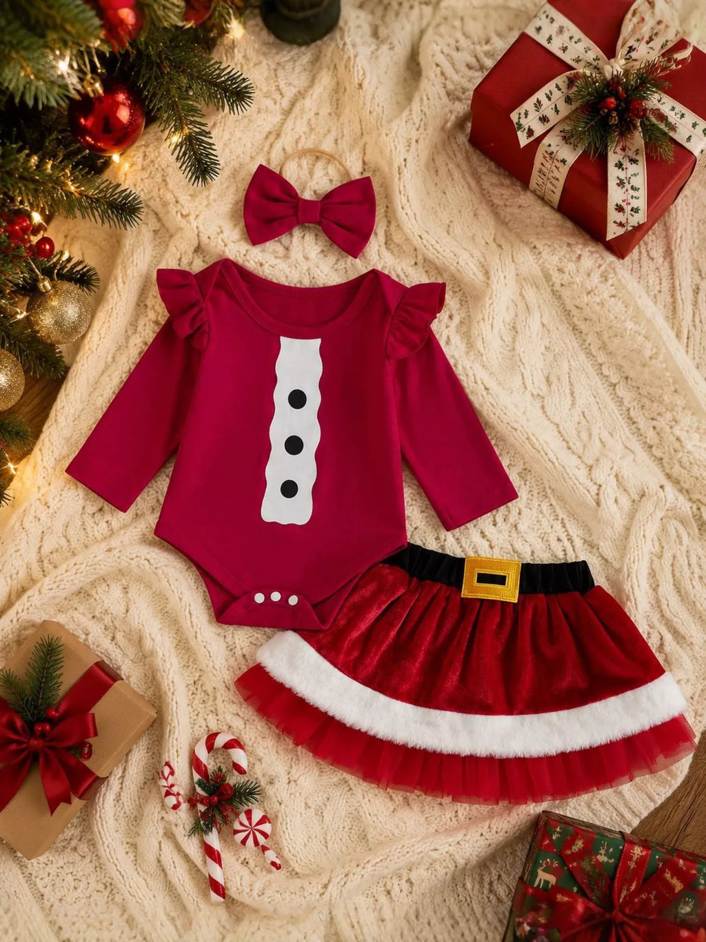Flat lay of a red Santa-style bodysuit, belted skirt with white trim and bow headband.