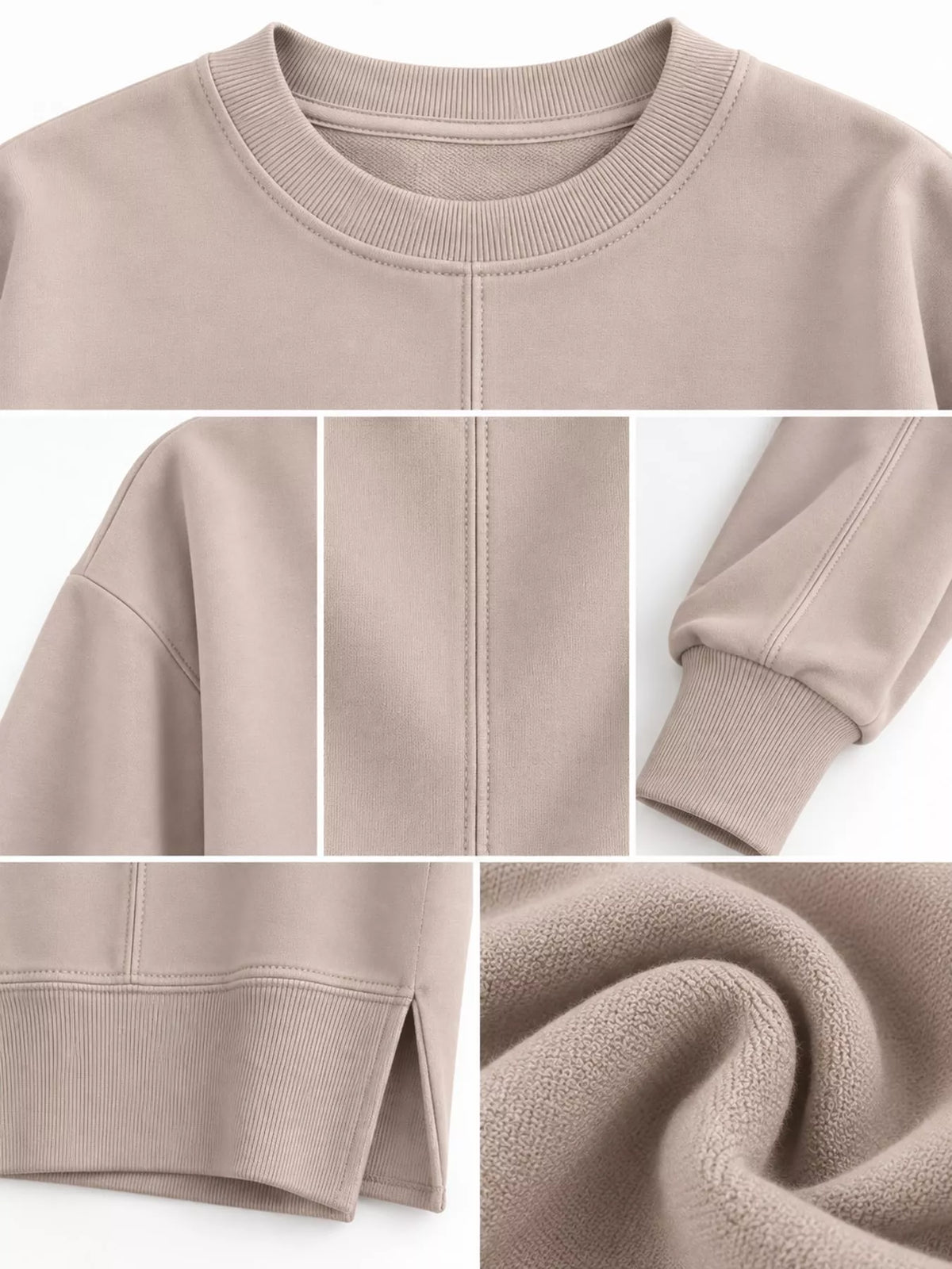 Taupe oversized Crew Neck Sweatshirt with Side Slit — detail view