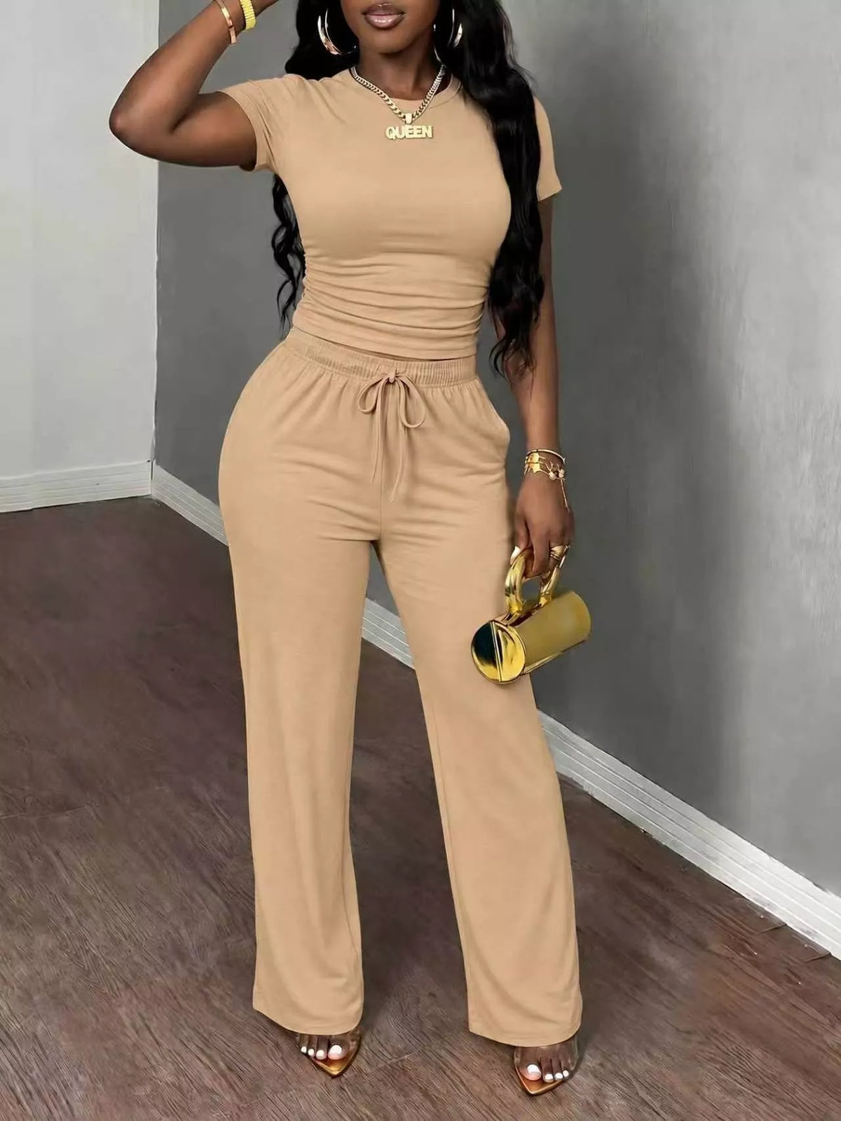 Tan short Sleeve Top and Wide Leg Pants Set