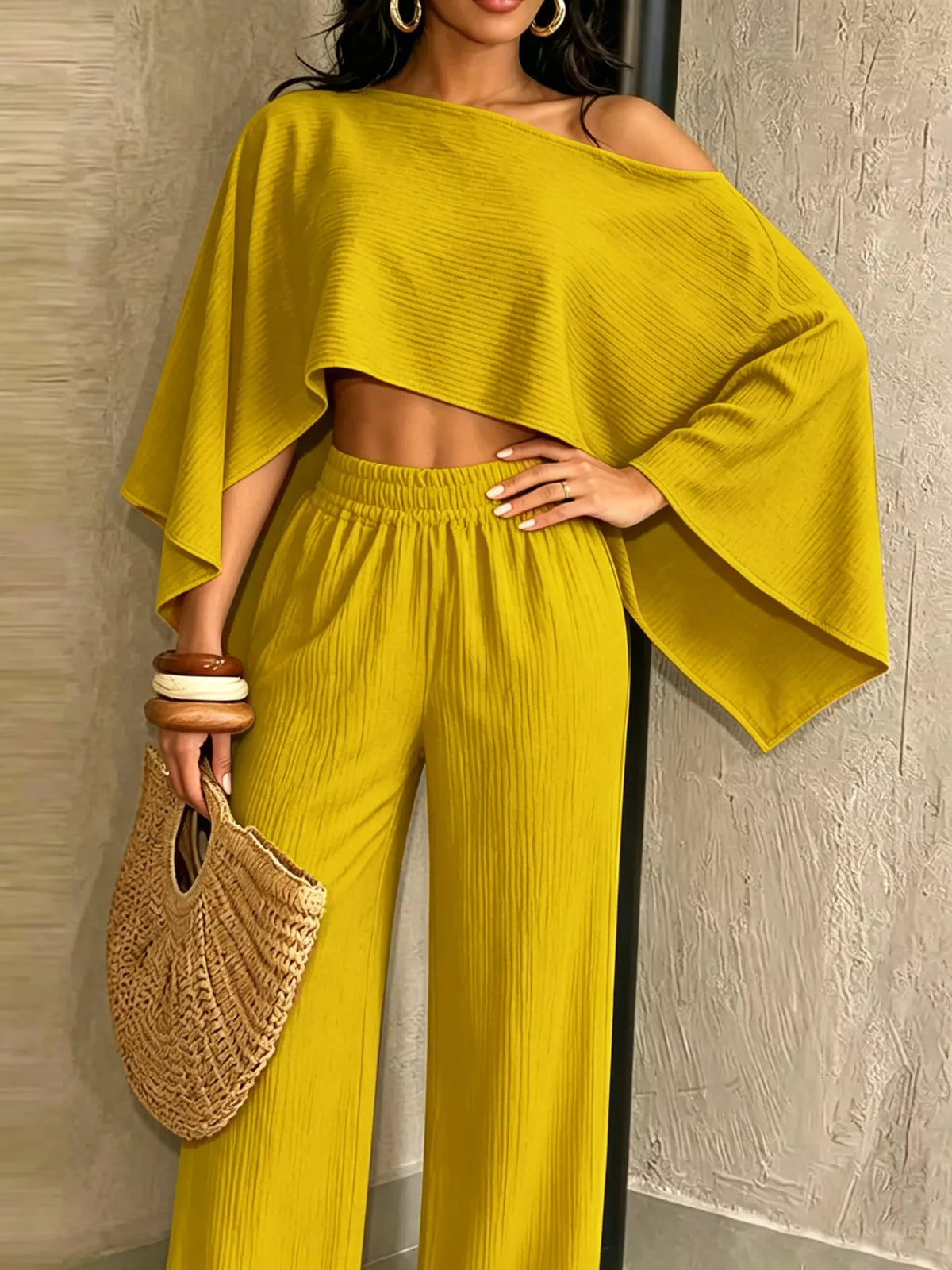 Yellow boat Neck Crop Top and Wide-Leg Pants Set