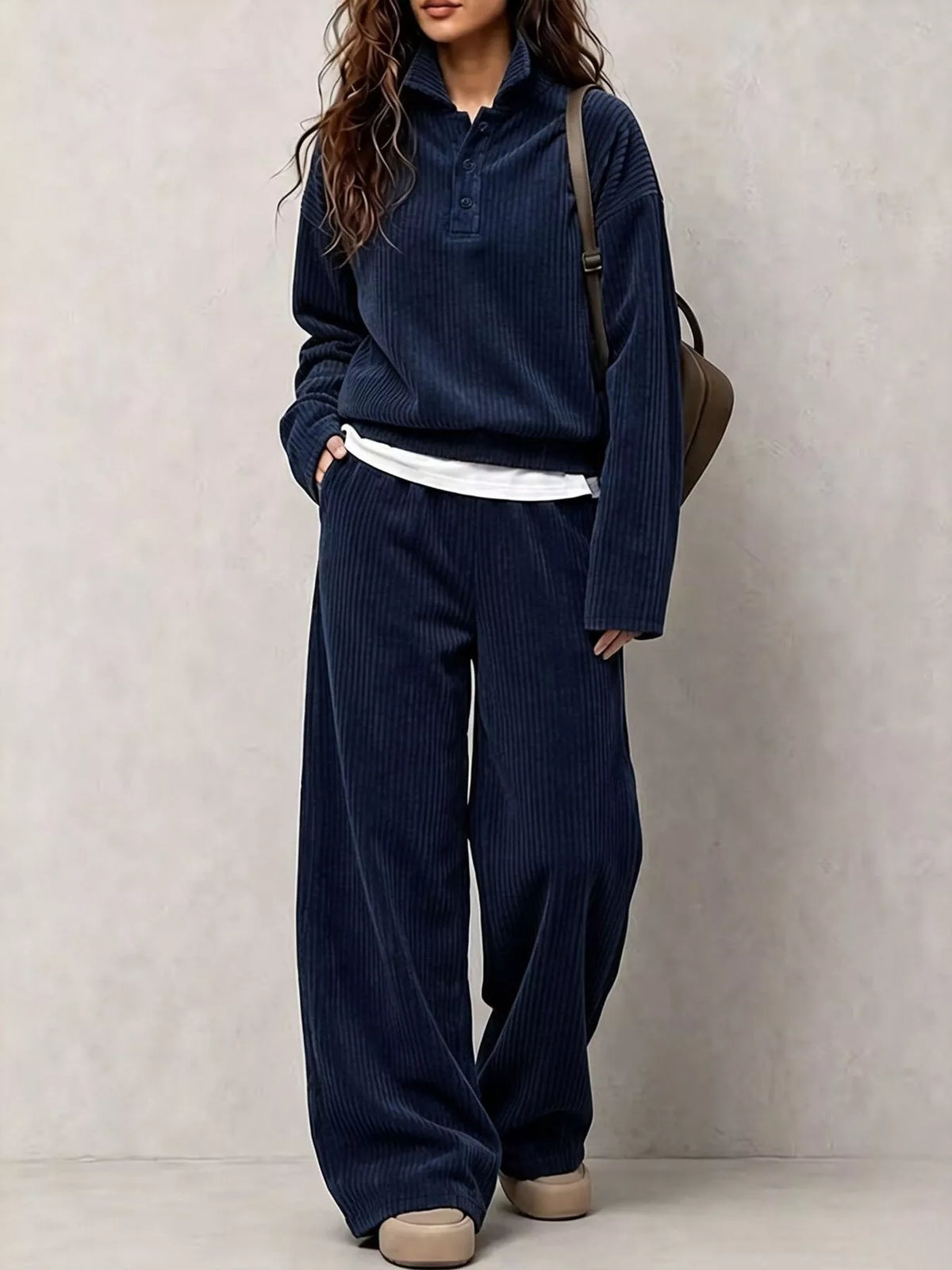 Navy corduroy Button Detail Top and Wide-Leg Pants Set