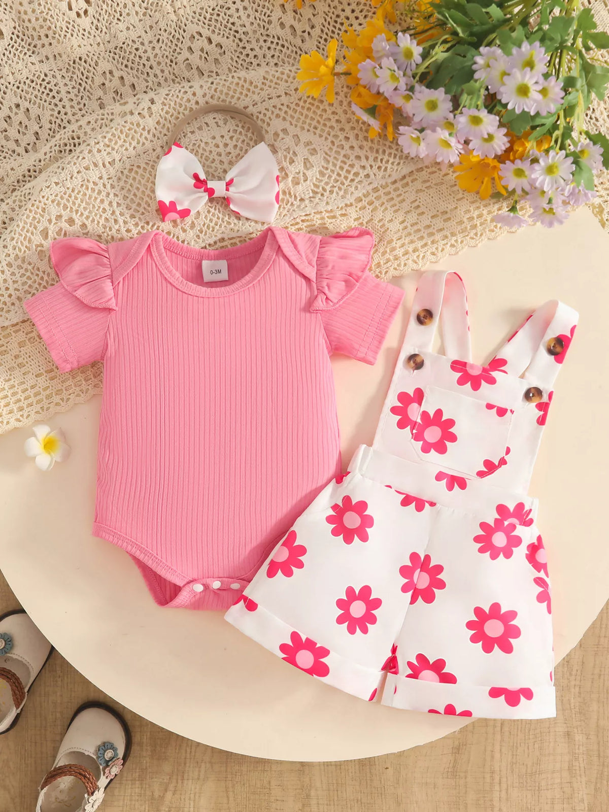 Back flat lay of the pink bodysuit, floral short overalls and matching bow.