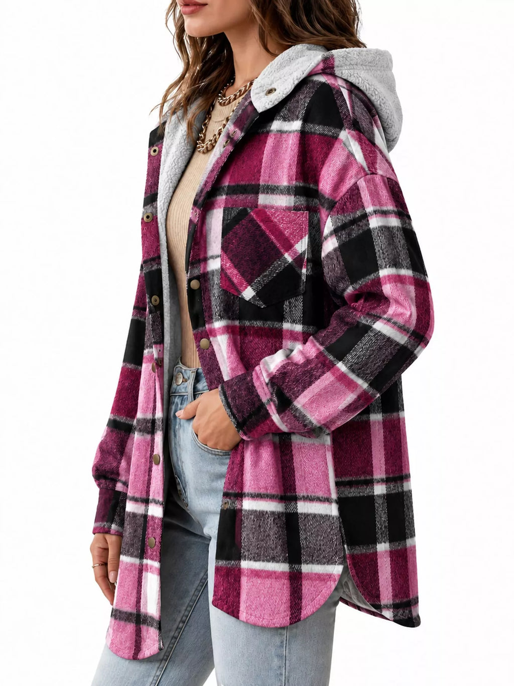 Side view of the pink plaid hooded jacket.