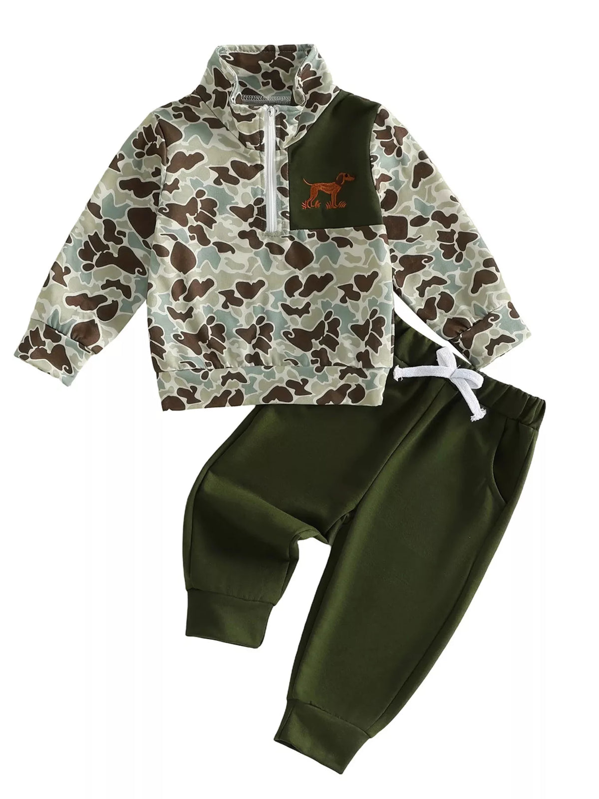 Green camouflage quarter-zip top and olive joggers laid flat