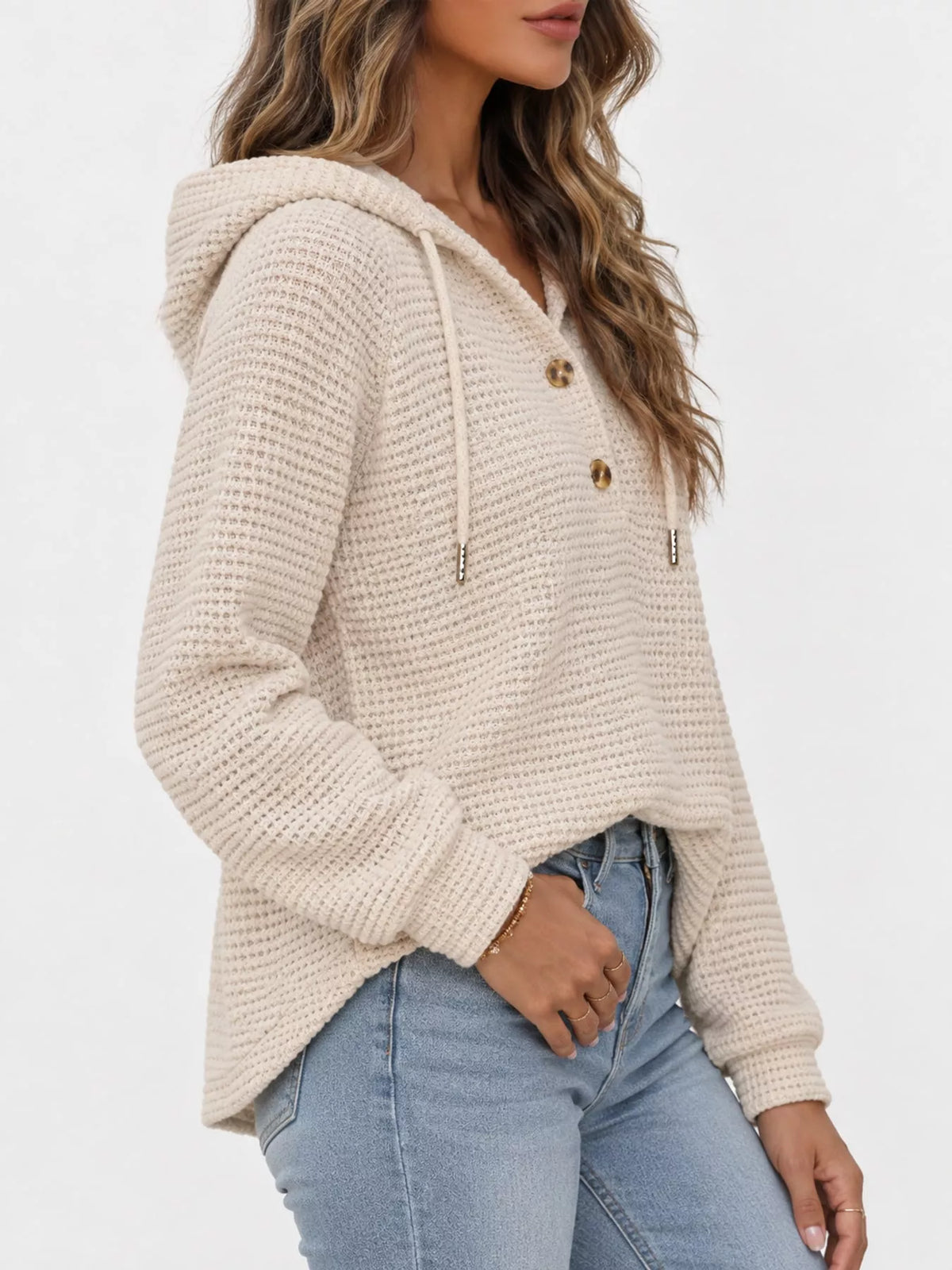 Beige waffle Knit Button Detail Hoodie